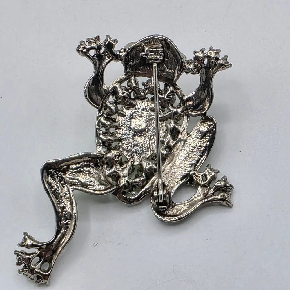 Green‎ Rhinestone Frog Brooch Silver Tone Animal Pin with Yellow Cabochon Glam